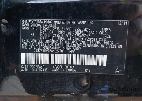 2011 Toyota Rav4 z USA, uszkodzony, nr VIN 2T3ZF4DV7BW102770